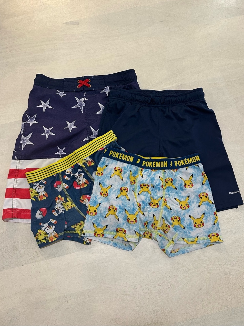 Athletic Works Navy Shorts with Pokemon Boxer Briefs 2 pk & Flag Swim-shorts.